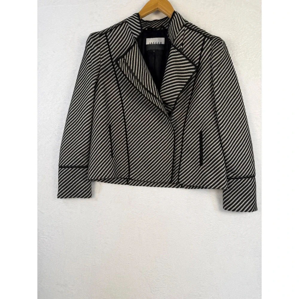 Jaeger London Striped Moto Jacket Black White Asymmetrical Zip Funnel Neck US 12